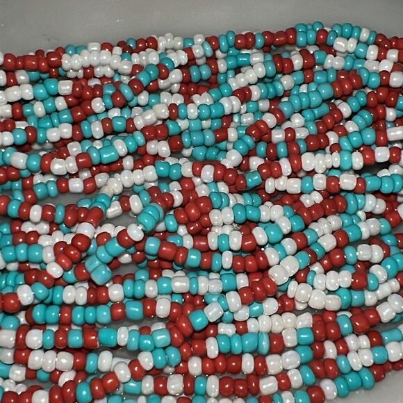 Bracelet seed beads crochet button white brown blue wood 8” - Picture 2 of 2